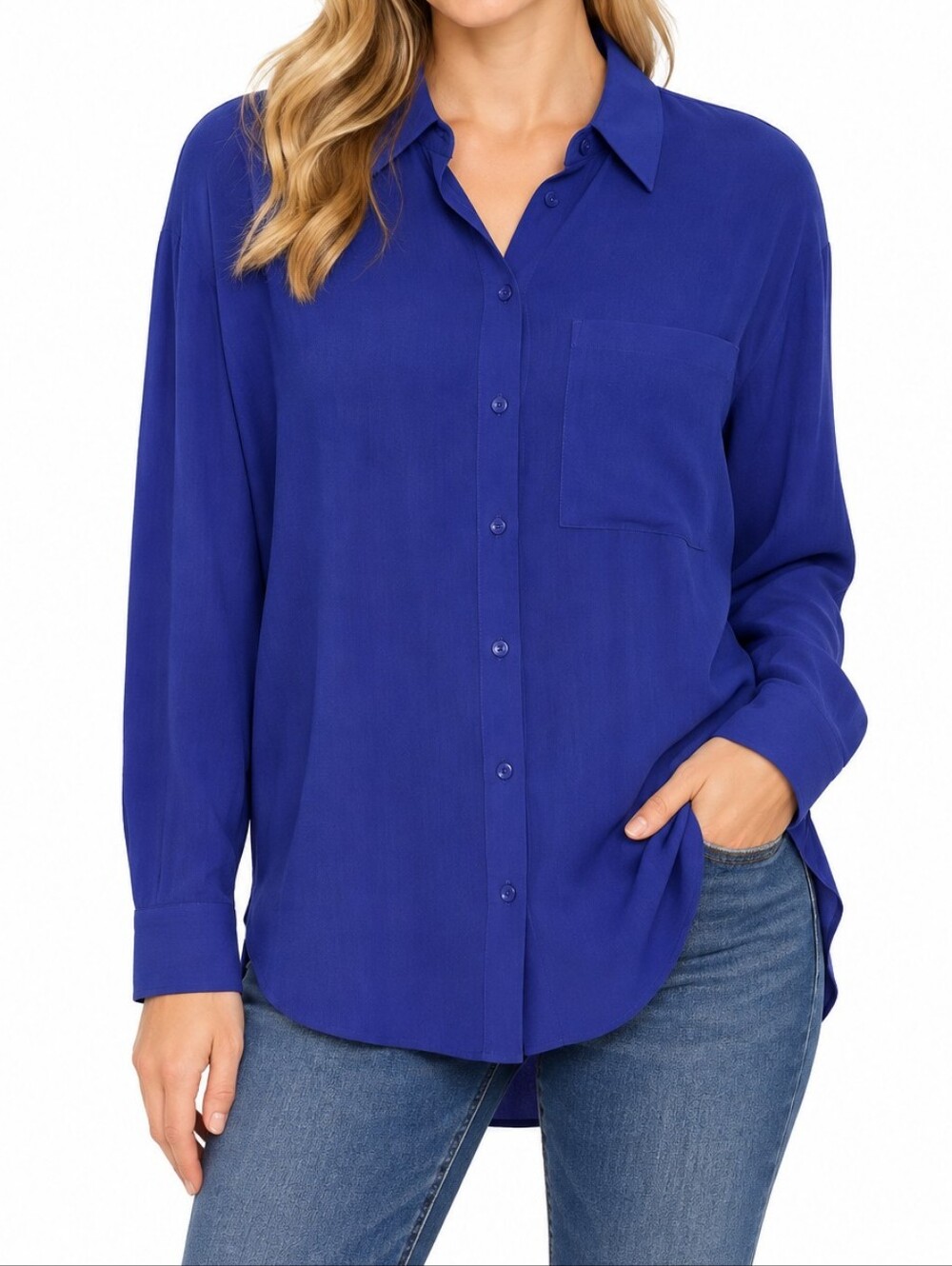 Eileen Fisher 100% Silk Blue Relaxed Button-Down Shirt Size Small